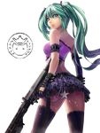  aqua_eyes aqua_hair chain fingerless_gloves gun hatsune_miku long_hair rifle skirt star stockings twintails vocaloid 