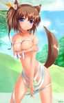  animal_ears bandages blue_eyes breast_hold breasts brown_hair covering fang highres kantarou_(nurumayutei) looking_at_viewer medium_breasts naked_bandage navel nude original shiny shiny_skin short_hair solo tail two_side_up wolf_ears wolf_tail 