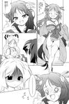  2girls :d ^_^ alternate_costume bare_shoulders blush bow closed_eyes comic empty_eyes fujiwara_no_mokou greyscale hachi_(chihagura) hair_ornament highres houraisan_kaguya jewelry long_hair monochrome multiple_girls necklace non-web_source o_o off_shoulder open_mouth shaded_face smile sweatdrop thighhighs touhou translated trembling you_gonna_get_raped 