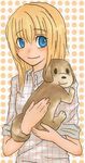  1girl artist_request blonde_hair blue_eyes claire_(harvest_moon) dog female harvest_moon looking_at_viewer lowres smile 