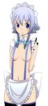  :&lt; apron arms_behind_back blue_eyes blush braid gustav_(telomere_na) izayoi_sakuya maid_headdress naked_suspenders navel revealing_clothes short_hair silver_hair simple_background solo suspenders thighhighs topless touhou twin_braids 