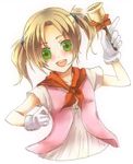  1girl artist_request bell blonde_hair female gloves green_eyes harvest_moon looking_at_viewer open_mouth smile solo tina_(harvest_moon) white_background 