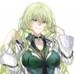  1girl bangs black_necktie breasts commentary dress green_dress hair_between_eyes hands_up honkai_(series) honkai_impact_3rd jacket long_hair long_sleeves looking_at_viewer medium_breasts mobius_(honkai_impact) necktie open_clothes open_jacket parted_lips red_eyes simple_background smile solo twitter_username upper_body very_long_hair watermark white_background white_jacket yongbyeongsig 