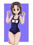  1girl ass_visible_through_thighs bangs barefoot blue_background brown_eyes brown_hair character_name clenched_hands closed_mouth commentary girls_und_panzer leg_up looking_at_viewer name_tag outline outside_border parted_bangs sawa_azusa school_swimsuit short_hair smile solo standing standing_on_one_leg swimsuit takahashi_kurage textless_version thigh_gap w_arms white_outline 