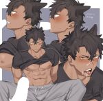  2boys abs after_fellatio animal_ears bangs bara bare_pectorals black_hair black_shirt blush brown_eyes closed_mouth clothes_lift cum cum_on_boy dark-skinned_male dark_skin dog_boy dog_ears dog_tail erection facial fellatio grey_pants hands_in_pockets highres large_pectorals male_focus multiple_boys multiple_views muscular muscular_male navel nipples open_mouth oral original pants pectorals penis rio_mukiniki shirt shirt_lift short_hair solo_focus tail teeth tongue tongue_out yaoi 