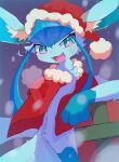  :3 absurdres animal_ear_fluff animal_focus animal_hands arm_up bangs blue_eyes blue_hair blush box breath capelet christmas claws clothed_pokemon commentary_request ears_through_headwear fang fur-trimmed_capelet fur-trimmed_headwear fur_trim gift gift_box glaceon gradient gradient_background happy hat highres long_hair looking_at_viewer no_humans open_mouth partial_commentary pokemon pokemon_(creature) pom_pom_(clothes) red_capelet red_headwear samenoha_(salmon_no_kaori) santa_hat sidelocks simple_background smile snowing solo sweat twintails upper_body yellow_pupils 