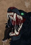  arluaine black_tongue bodily_fluids dark_blue_fur displacer_beast drooling fangs felid feral glowing glowing_eyes green_eyes hi_res leopard_spots long_tongue looking_at_viewer male mammal monster mouth_shot open_mouth pink_mouth saliva skrymer1 solo spots stripes tongue 