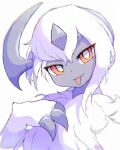  1girl :3 absol animal_hands bangs body_fur bright_pupils chromatic_aberration claws closed_mouth colored_skin commentary dot_nose fur_collar furry furry_female grey_horns grey_skin hand_on_own_chest hand_up happy head_tilt horns looking_at_viewer pokemon pokemon_(creature) portrait red_eyes samenoha_(salmon_no_kaori) short_hair sidelocks simple_background single_horn smile solo tongue tongue_out white_background white_fur white_hair white_pupils white_theme 