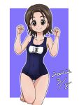  1girl ass_visible_through_thighs bangs barefoot blue_background brown_eyes brown_hair character_name clenched_hands closed_mouth commentary girls_und_panzer leg_up looking_at_viewer name_tag outline outside_border parted_bangs sawa_azusa school_swimsuit short_hair smile solo standing standing_on_one_leg swimsuit takahashi_kurage thigh_gap w_arms white_outline 