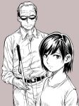  1boy 1girl belt blind breasts brown_background cane expressionless frown greyscale hiro_(chumo) monochrome old old_man original small_breasts sunglasses white_cane 