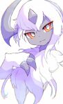  1girl :3 absol animal_hands bangs body_fur bright_pupils chromatic_aberration claws closed_mouth colored_skin commentary dot_nose fur_collar furry furry_female grey_horns grey_skin hand_on_own_chest hand_up happy head_tilt highres horns looking_at_viewer pokemon pokemon_(creature) portrait red_eyes samenoha_(salmon_no_kaori) short_hair sidelocks simple_background single_horn smile solo white_background white_fur white_hair white_pupils white_theme 