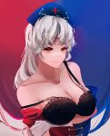  1girl absurdres arm_under_breasts bangs bare_shoulders black_bra bra breasts brown_eyes cleavage gloves highres large_breasts lingerie long_hair looking_at_viewer off_shoulder self_upload solo touhou underwear white_gloves yagokoro_eirin yuhel 