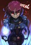  1girl angry blood blood_on_face blue_fire bodysuit cropped_legs fire flaming_hand gloves glowing glowing_eyes haysey highres multicolored_clothes niijima_makoto persona persona_5 red_background serious shoulder_spikes spikes torn_clothes white_gloves 