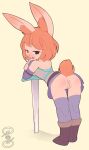  bottomless bottomwear clothed clothing clothing_lift female genitals hi_res lagomorph leporid mammal presenting presenting_pussy pussy quinto rabbit simple_background skirt skirt_lift solo 