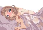  1girl absurdres bed_sheet blonde_hair blue_eyes blush breasts commentary girls_und_panzer grin groin hair_intakes highres kay_(girls_und_panzer) large_breasts long_hair looking_at_viewer lying naked_sheet navel on_bed on_side pillow see-through simple_background smile solo sweat tenpura32200 white_background 