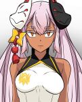  1girl bangs bare_shoulders black_mask breasts dark-skinned_female dark_skin family_crest fire_emblem fire_emblem_heroes fox_mask frown highres laevatein_(fire_emblem) long_hair looking_at_viewer mask mask_on_head ninja official_alternate_costume orange_eyes pink_hair red_eyes shuriken_hair_ornament small_breasts solo straight-on tassel thigh_high_tavi twintails very_long_hair white_hair white_mask 