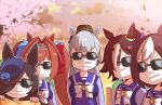  5girls black-framed_eyewear black_headwear blue_flower blue_headwear blue_rose blush bow breasts brown_hair daiwa_scarlet_(umamusume) ear_blush flower gold_ship_(umamusume) grey_hair hair_between_eyes hair_bow hair_intakes hair_over_one_eye hat hat_flower highres holding kyou_(fr39) long_hair mask medium_breasts mini_hat mouth_mask multicolored_hair multiple_girls outdoors purple_bow purple_shirt red_bow rice_shower_(umamusume) rose school_uniform shirt special_week_(umamusume) sunglasses sunset surgical_mask tiara tilted_headwear tracen_school_uniform tree twintails two-tone_hair umamusume upper_body v-shaped_eyebrows vodka_(umamusume) white_hair 