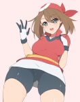  1girl ass_visible_through_thighs bandana bangs belt bike_shorts blush breasts breasts_apart brown_hair collarbone collared_shirt commentary_request cowboy_shot grey_eyes hands_up highres large_breasts looking_at_viewer may_(pokemon) medium_hair natsuki_straight open_mouth partial_commentary pink_background pokemon pokemon_(game) pokemon_rse red_headwear red_shirt shiny shiny_clothes shirt short_sleeves sidelocks simple_background skindentation solo standing teeth thighs undershirt white_shirt wide_hips 