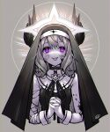  1girl :p bandages bandaid bandaid_on_cheek bandaid_on_face bangs enna_alouette grey_background habit halo head_wings highres kamippoina_(vocaloid) kt._(kaisou-notagui) monochrome nijisanji nijisanji_en nun own_hands_together purple_eyes ribbon solo spot_color tongue tongue_out virtual_youtuber wrist_cuffs 