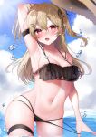  1girl absurdres aoi_migo armband bare_shoulders bikini black_bikini black_hairband blonde_hair blue_sky blush breasts cloud collarbone cowboy_shot ear_piercing fang frilled_bikini frills hair_between_eyes hairband hand_up highres legband long_hair looking_at_viewer navel ocean open_mouth original piercing red_eyes skin_fang sky small_breasts smile solo standing stomach sweat swimsuit thighs tongue 