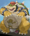  against_surface against_wall anthro bodily_fluids bottomless bowser bulge clothed clothing duo hi_res iwbsb_kuma koopa male male/male mario_bros nintendo overweight overweight_male scalie size_difference sweat underwear video_games 
