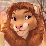  2022 blep brown_hair day detailed_background digital_media_(artwork) felid feral green_eyes hair lion male mammal outside pantherine sky smileeeeeee solo tongue tongue_out 
