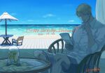  1boy 2021 beach blonde_hair brown_shorts character_name dated flower happy_birthday highres holding holding_paper jujutsu_kaisen male_focus nanami_kento nekoyanaginekoko ocean outdoors paper papers shade shirt short_hair shorts sitting solo sunflower table white_shirt 