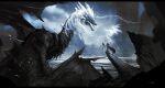  2girls bird cape cloud crystal_maiden day dota_(series) dota_2 dragon holding holding_staff multiple_girls natalia_gutierrez open_mouth outdoors staff standing white_hair winter_wyvern_(dota) 