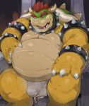  anthro belly big_belly bodily_fluids bowser bulge canid canine canis chair clothing duo furniture hi_res iwbsb_kuma male male/male mammal mario_bros micro nintendo overweight overweight_male sitting_on_another sweat throne underwear video_games wolf 