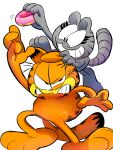  annoyed cat character_request doughnut food garfield garfield_(character) grey_cat grey_fur grin highres holding holding_food no_humans orange_cat orange_fur osiriketu simple_background smile tail teeth white_background 