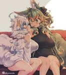  2girls ahoge animal_ear_fluff animal_ears black_ribbon black_sweater blue_hair breasts food green_eyes green_hair hair_ornament hair_ribbon kuromiya kuromiya_raika large_breasts long_hair multicolored_hair multiple_girls orange_hair original pocky pocky_day pocky_kiss ribbon shiromiya_asuka short_hair sitting sleeveless sleeveless_sweater sweater tail thighs twitter_username two-tone_hair white_hair white_sweater yuri 