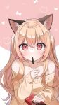  1girl absurdres animal_ears atsuki_(pink0930cat) bare_shoulders blonde_hair blush cat_ears cat_girl collarbone food hair_between_eyes highres holding long_hair long_sleeves looking_at_viewer mouth_hold original pocky pocky_day red_eyes shiny shiny_hair solo sweater yellow_sweater 
