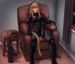  1girl alcohol animal_ears armchair armor assault_rifle blonde_hair blue_eyes breasts bullpup chair commission couch cup famas feet_out_of_frame gun h&amp;k_usp hair_over_breasts hairband half-closed_eyes handgun heterochromia holding holding_cup indoors kaori_(gnnyf0gg) on_chair original parted_lips rifle seraziel shadow sitting solo tail weapon yellow_eyes 