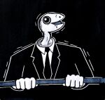 2022 ambiguous_gender black_and_white black_background black_tie_(suit) bodily_fluids clothed clothing derpy_eyes drooling eraserhead glury_the_unown hi_res humanoid monochrome necktie open_mouth saliva simple_background small_head smile solo suit tongue unknown_species what 