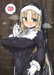  1girl :p blonde_hair blush breasts commentary_request copyright_request covered_nipples fellatio_gesture gloves green_eyes heart kanikama large_breasts long_hair long_sleeves looking_at_viewer naughty_face nun solo spoken_heart sweat tongue tongue_out white_gloves 