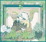  1boy bird_boy bird_wings blue_border border brown_jacket brown_scarf commentary elbow_rest feathered_wings feathers flower furry furry_male head_on_hand head_rest highres ivy jacket leaf looking_at_viewer male_focus open_mouth original owl_boy plant potted_plant purple_flower scarf shelf shuini_xiaomao smile solo symbol-only_commentary talons upper_body white_feathers white_flower window windowsill wings yellow_eyes 