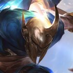  1boy blue_cape cape closed_mouth day helm helmet holding holding_weapon league_of_legends male_focus outdoors pantheon_(league_of_legends) shiny solo upper_body weapon wutu_(1183238220) 