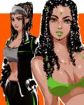  1girl alternate_hairstyle bikini black_hair black_jacket breasts cleavage curly_hair dark-skinned_female dark_skin ermes_costello facial_mark green_bikini green_eyes green_lips hands_in_pockets iu jacket jojo_no_kimyou_na_bouken large_breasts long_hair midriff navel smile stone_ocean swimsuit 