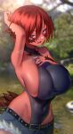  1girl :d anima_(togashi) arm_up armpits au_ra avatar_(ff14) belt black_belt black_leotard blurry blurry_background borrowed_character breasts colored_skin covered_navel covered_nipples curvy cutoffs day depth_of_field dragon_horns dragon_tail final_fantasy final_fantasy_xiv hair_between_eyes hand_on_own_chest highres horns impossible_clothes impossible_leotard leotard looking_at_viewer nail_polish open_mouth plump red_hair red_nails red_skin scales short_hair short_shorts shorts sideboob smile solo tail taut_leotard zax_magma 
