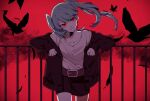  1girl against_railing belt bird black_jacket black_shorts blue_hair collarbone eiku eyelashes feathers hair_between_eyes hatsune_miku head_tilt highres jacket long_hair long_sleeves looking_at_viewer open_clothes open_jacket protected_link railing red_background red_eyes shirt shorts sidelocks simple_background smile solo twintails vocaloid white_shirt 