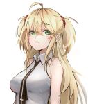  1girl admiral_hipper_(azur_lane) admiral_hipper_(muse)_(azur_lane) ahoge azur_lane bangs bare_shoulders black_necktie blonde_hair breasts closed_mouth collar collared_shirt cross green_eyes hair_between_eyes long_hair looking_at_viewer mole mole_under_eye necktie official_alternate_costume shirt sidelocks simple_background sleeveless sleeveless_shirt solo two_side_up upper_body white_background white_shirt yuedengyuhao 