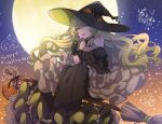  1girl bare_shoulders black_dress broom broom_riding candy character_doll dress elysia_(honkai_impact) food full_moon green_eyes green_hair halloween hat honkai_(series) honkai_impact_3rd jack-o&#039;-lantern klein_(honkai_impact) lollipop long_hair looking_at_viewer mobius_(honkai_impact) moon off-shoulder_dress off_shoulder sitting slit_pupils soha_ez solo very_long_hair wavy_hair witch_hat 