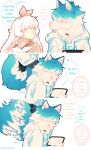  2020 absurd_res animal_humanoid anthro artist_name asking blue_body blue_fur blue_hair bow_tie brown_clothing brown_shirt brown_topwear canid canine canis clothing comic countershading dialogue digital_media_(artwork) domestic_dog duo english_text female fur hair hi_res holding_tablet hoodie huckypaw humanoid kemono lagomorph lagomorph_humanoid leporid_humanoid mammal mammal_humanoid netflix pink_nose rabbit_humanoid shaded shirt tablet tail_motion tail_tuft tailwag tan_body tan_countershading tan_fur text thai_text topwear tuft white_body white_clothing white_fur white_hair white_hoodie white_topwear worried 