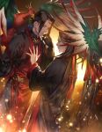 1boy 1girl akakokko_(niro_azarashi) animal_on_shoulder bird bird_on_shoulder birdmen black_gloves black_hair gloves hand_on_another&#039;s_chest long_hair long_sleeves looking_at_viewer open_mouth peacock peacock_feathers red_eyes short_hair twintails wang_guang_feng wang_ying_huang wide_sleeves 