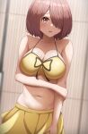  1girl absurdres bikini blurry blurry_background breasts brown_eyes brown_hair hair_over_one_eye highres hoshino_miyako_(wataten) large_breasts medium_hair navel plump poa_mellhen revision solo stomach swimsuit watashi_ni_tenshi_ga_maiorita! 