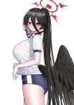  1girl absurdres ass bangs black_hair black_wings blue_archive blush breasts buruma cowboy_shot curvy duplicate feathered_wings gym_uniform hair_between_eyes halo hasumi_(blue_archive) hasumi_(gym_uniform)_(blue_archive) highres kirin3145 large_breasts long_bangs long_hair looking_at_viewer low_wings open_mouth pixel-perfect_duplicate ponytail red_eyes short_sleeves simple_background sweat tsurime very_long_hair white_background wings 