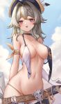  1girl :d bangs bare_arms bare_shoulders belt bikini blue_eyes blue_sky braid breasts brown_belt cloud commentary_request cowboy_shot day gloves grey_hair hair_intakes hat hat_feather highres honkai_(series) honkai_impact_3rd large_breasts long_hair looking_at_viewer navel open_mouth outdoors scabbard sheath sheathed sky smile solo standing stomach swimsuit sword thigh_strap thighs untied untied_bikini vill-v weapon white_gloves yelan_xing_xuan 