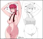  1girl absurdres armpits bare_arms bare_shoulders breasts chainsaw_man highres jobin_chan large_breasts leach makima_(chainsaw_man) nude red_hair short_hair smile thighhighs tongue tongue_out white_background yellow_eyes 