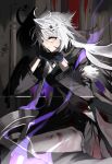  1girl absurdres animal_ears arknights black_coat black_dress blood blood_on_clothes blue_eyes breasts bullet_hole coat dress fire flaming_sword flaming_weapon fur-trimmed_coat fur_trim grey_hair highres lappland_(arknights) lappland_(refined_horrormare)_(arknights) long_hair long_sleeves looking_at_viewer medium_breasts meng_ziya official_alternate_costume open_clothes open_coat parted_lips purple_fire scar scar_across_eye scar_on_face sitting solo sword very_long_hair weapon wolf_ears 
