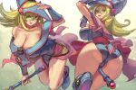  1girl :d ass blonde_hair blush_stickers breasts cleavage dark_magician_girl duel_monster from_behind green_eyes hat kazo large_breasts leotard long_hair looking_at_viewer looking_back open_mouth smile solo wand witch_hat yu-gi-oh! 